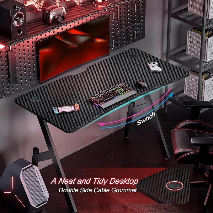 HLDIRECT 55 Inch Gaming Desk, Large Computer Desk Gaming Table with Cable Management, Ergonomic Carbon Fiber Gamer Table Pc Work Home Office Desks with Cup Holder & Headphone Hook & Mouse Pad, Black