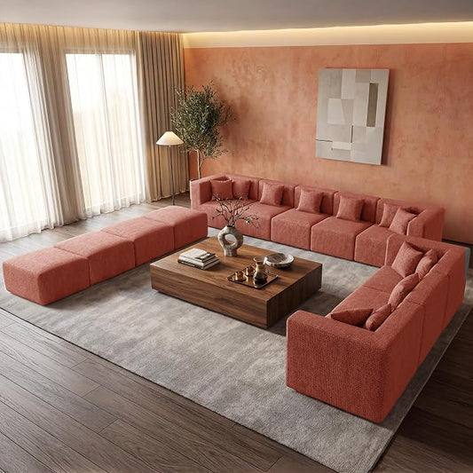 MONVANE Modular Sectional Sofa, Oversized 12 Seat Convertible U Shaped Couch with Ottoman, Comfy Chenille Cloud Couch with Deep Seat, Sectional Couches for Living Room, No Assembly Required, Rust Red