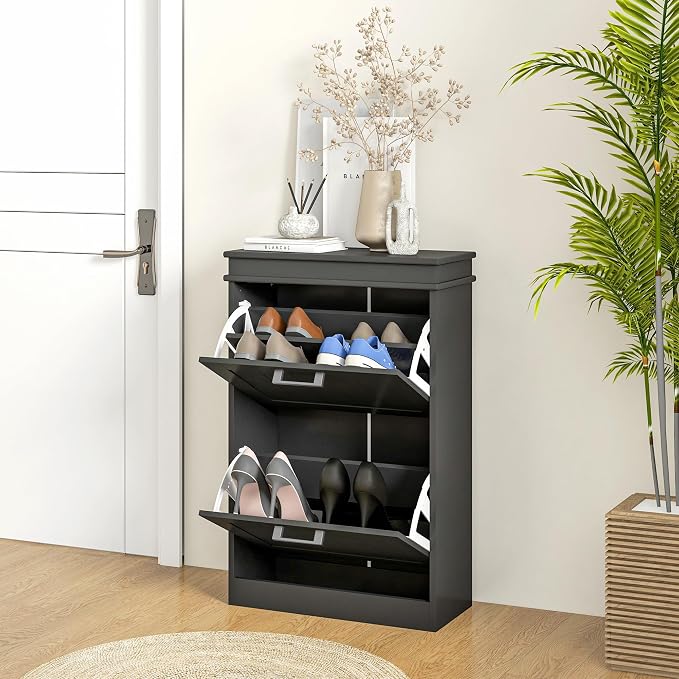 HOMCOM Narrow Shoe Cabinet with 2 Flip Drawers, Modern Freestanding Shoe Storage Cabinet with Adjustable Shelves for Entryway, Hallway, Black