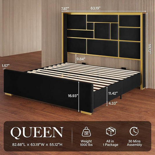 Queen Bed Frame with 55.12" Tall Headboard, Modern Luxury Velvet Upholstered Platform Bed with Gold Trim, Wide Wingback Design, Noise-Free, Easy Assembly, No Box Spring Needed, Black