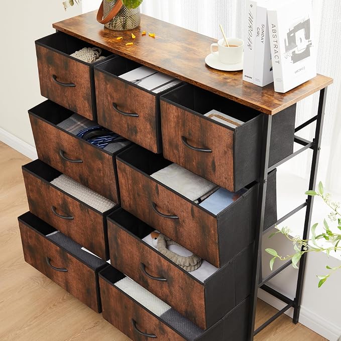DUMOS 9 Drawer Dresser for Bedroom, Storage Organizer Chest of Drawers | Fabric Bins Storage Tower with Sturdy Metal Frame, Wood Tabletop for Closet, Brown