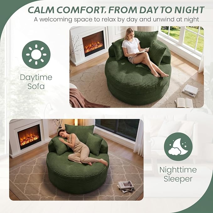 Oversized Round Chaise Lounge Chair, Deep Seat Cloud Boneless Floor Sofa Couch, Upholstered Corduroy Sleeper with 3 Pillows & Optional Ottoman, No Assembly Modern Lazy Floor Lounger for Living Room