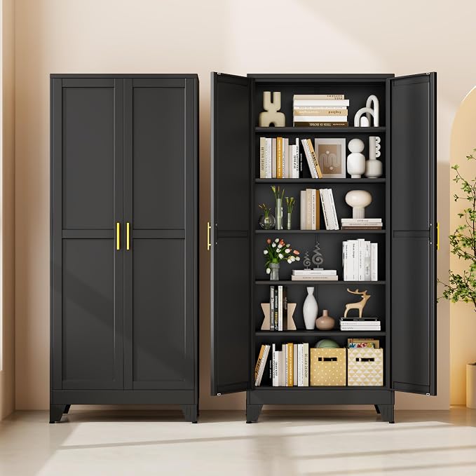 75" Black Metal Storage Cabinet with 2 Doors and 5 Adjustable Shelves,Steel Garage Tool Cabinet, File Cabinet,Kitchen Pantry Cabinet for Home,Office,Garage,School,Warehouse