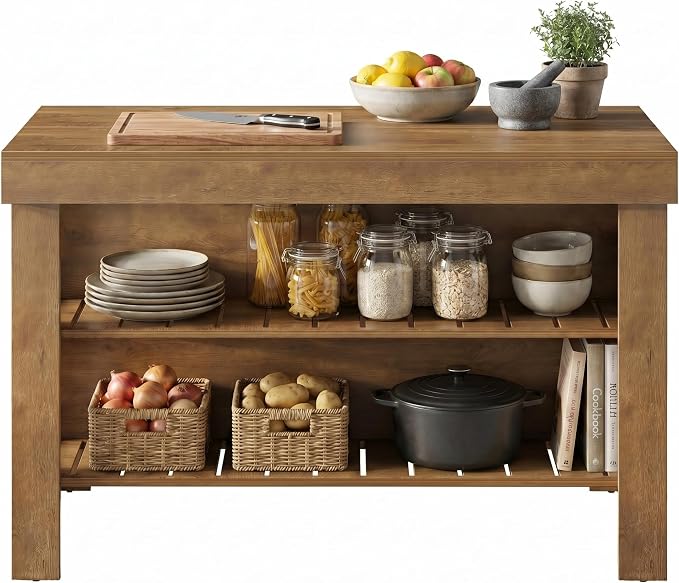 Tribesigns 55.1-Inch Kitchen Island with Seating and Storage, 3-Tier Large Farmhouse Island Table with Large Countertop and Leg Room for Kitchen Dining Room (Rustic Brown)