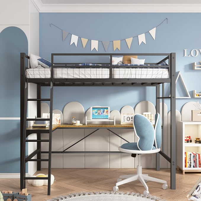 Cryrature Twin Size Loft Bed with L-Shaped Desk & Charging Station,Heavy Duty Metal Twin Loft Bed Frame with Safety Guardrail & Ladders, No Box Spring Needed,Black