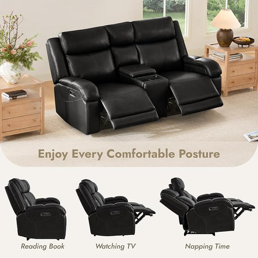 Watson & Whitely Power Reclining Sofa and Loveseat Sets, Genuine Leather Sofa Recliner Couch Set with Power Headrest, Storage Console, USB Ports, Cup Holders, Living Room Furniture Set, Black