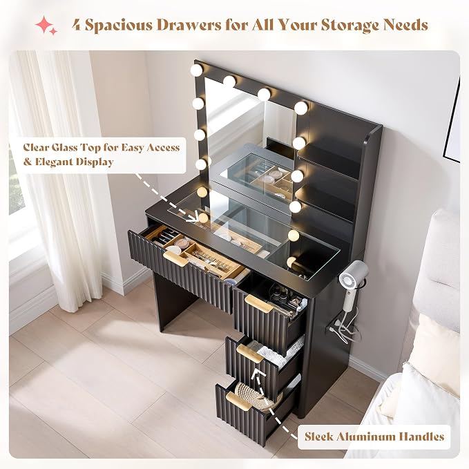 AMERLIFE 36.2" Fluted Vanity Desk with Mirror and Adjustable LED Lights, Large 4 Drawers Makeup Vanity Table with Glass Top and Charging Station for Women and Girls, Bedroom or Dorm, Black