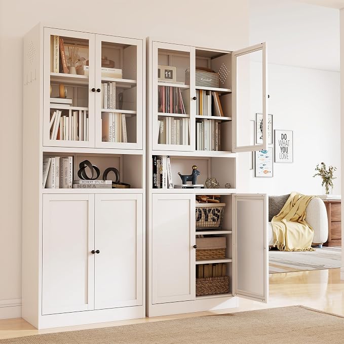 72" H White Steel Kitchen Pantry Storage Cabinets with Glass Doors | Pantry with Glass & Solid Doors, Heavy Duty Freestanding Utility Cabinet for Dining/Living Room, Assembly Required