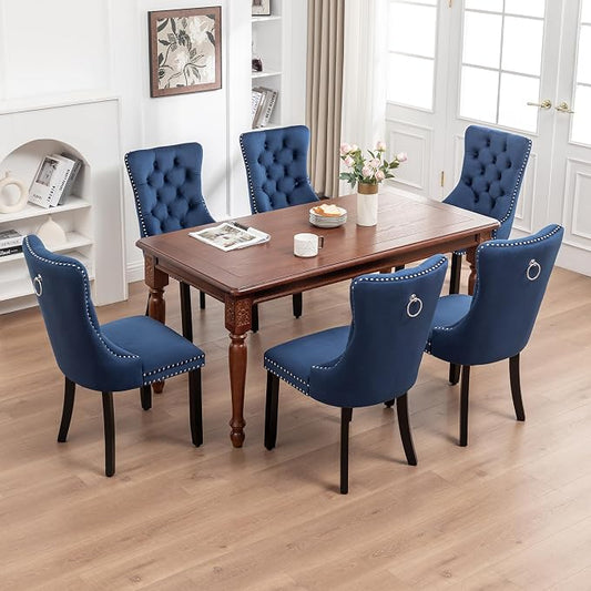 Mid Century Modern Dining Chair Set of 8 Velvet Upholstered Dining Accent Chair Farmhouse Dining Chairs with High Back and Nailhead Trim for Kitchen, Living Room, Bedroom (Blue)