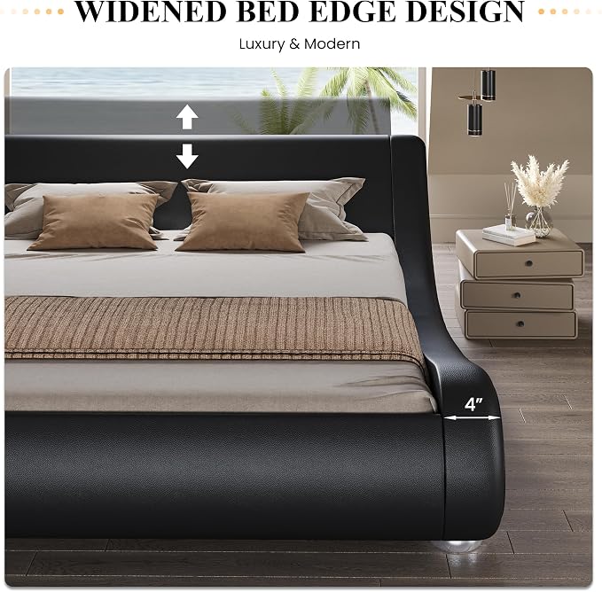 SHA CERLIN Queen Size Upholstered Bed Frame, Deluxe Low Profile Sleigh Bed with Faux Leather Ergonomics Headboard, No Box Spring Needed & Easy Assembly, Black