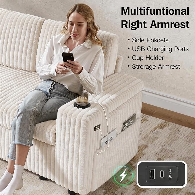 Vipbear 86" Modular Sectional Sleeper Sofa with Pull Out Bed, 3 Seat Plush Corduroy L Shaped Couch with Storage Chaise|USB Ports|Cup Holders|Side Table|Storage Armrests, Tool Free Assembly, Beige