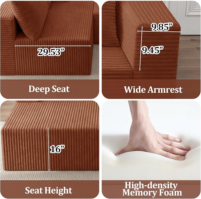138" Modular Sectional Sofa, U-Shaped Cloud Couch with Deep Seats & Chaise, Convertible 4-in-1 Corduroy Boneless Couches for Living Room, No-Assembly - Brown (Right Facing Chaise)