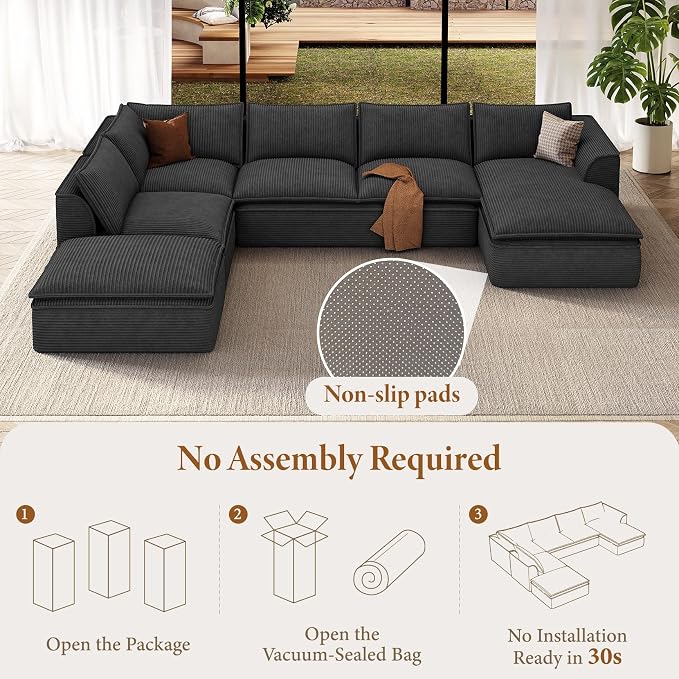 Vesgantti 141.7" Oversized Boneless Sectional Couch, Modern 7 Seater Modular Sofa with Chaise & Ottoman, Deep Seat Convertible Corduroy Cloud Couches for Living Room, No Assembly Required, Black
