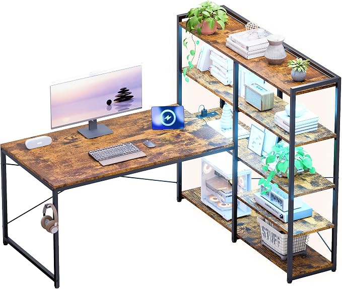 Pamray 49 Inch L Shaped Gaming Computer Desk with Shelves and Storage | Compact Reversible Design with LED Lights & Power Outlets, Suitable for Home Office Bedroom Small Spaces and Dorm Study Work