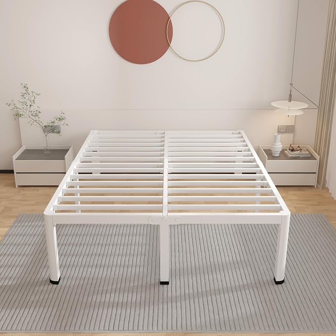 ROIL 18 Inch White California King Bed Frame with Rounded Corner and Headboard Hole Mattress Retainers 3500LBS Heavy Duty Steel Slats No Box Spring Needed Platform Noise-Free Easy Assembly