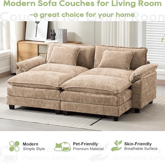 Oprisen 86" Modular Sectional Sofa, Comfy Cloud Couch Sectional Sofa with Ottomans, Chenille Sofa Sleeper Deep Seat Sofa with Throw Pillows for Living Room (Khaki)