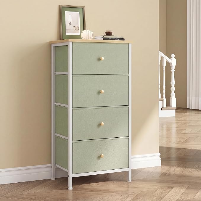DUMOS Nightstand with 4 Drawers Bedside Table with Removable Fabric Bins Sturdy Steel Frame Wood Top Organizer Furniture for Bedroom Closet Living Room, Light Green