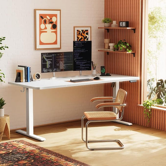 Huuger 63 X 24 Inch Electric Standing Desk with Power Outlets and USB-C Port, Height Adjustable Desk, Sit Stand Desk for Home Office, Computer & Gaming Desk with 4 Presets, Stable Steel Frame, White
