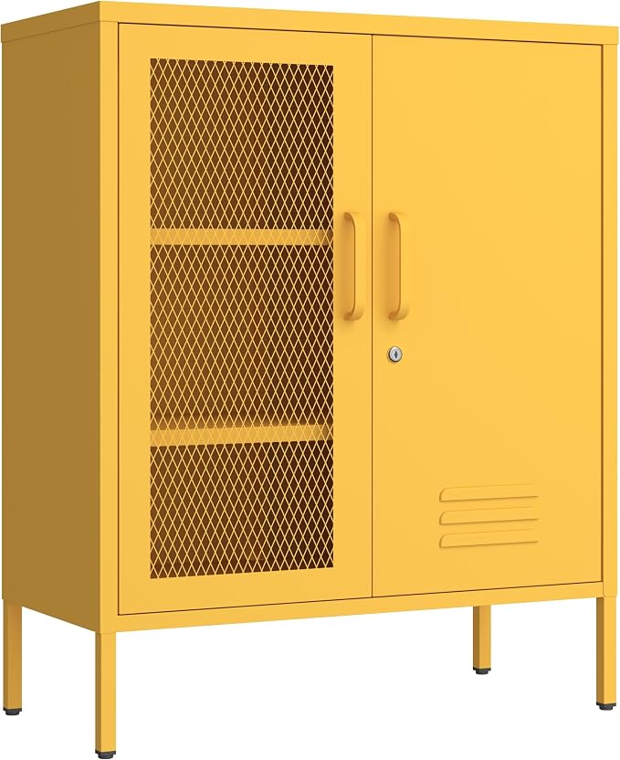 Locking Steel Storage Cabinet Shoe Cabinet for Living Room Bathroom Kitchen Left Wire Mesh Door Right Iron Door Yellow Size:33" H x 29.5" W x 13.8" D