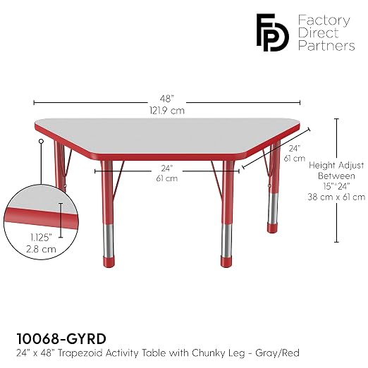 FDP Trapezoid Activity School and Classroom Kids Table (24 x 48 inch), Chunky Toddler Legs for Collaborative Seating Environments, Adjustable Height 15-24 inches - Gray Top and Red Edge