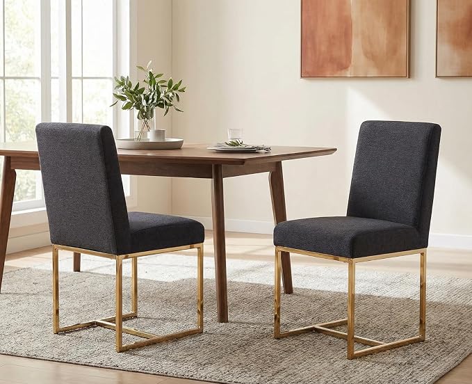 CIMOTA Black Modern Dining Chairs Set of 8, Upholstered Dining Room Chairs Armless Guest Side Chair with Gold Base for Dining Room/Kitchen, Charcoal Black, 8PCS