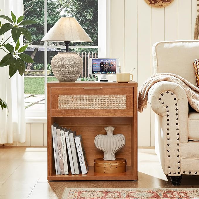 LEYAOYAO Rattan Nightstands Set of 2 with Charging Station, Tea Brown Night Stand with Drawer, 23" Wide Boho Bedside Table with Storage Shelf, Bed Side End Tables for Bedroom, Living Room, Hallway