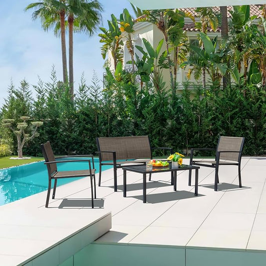 Devoko 4 Pieces Patio Furniture Set Outdoor Garden Patio Conversation Sets Poolside Lawn Chairs with Glass Coffee Table Porch Furniture (Brown)
