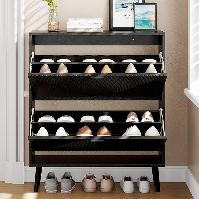oakvivo Shoe Cabinet Storage, Farmhouse Freestanding Organizer with 2 Flip Drawers and 4 Wooden feet, Narrow Shoe Rack Cabinet for Entryway, Foyer, Hallway, Black