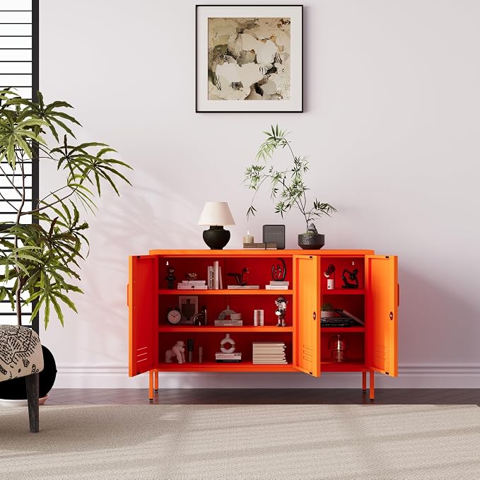 32" Wide 3-Door Lockable Metal Storage Cabinet with Accent Cabinet Locker, Heavy Duty Home Tool Cabinet, 2 Removable Shelves & Easy Assembly, for Home, Office, Entryway and Hallway Orange