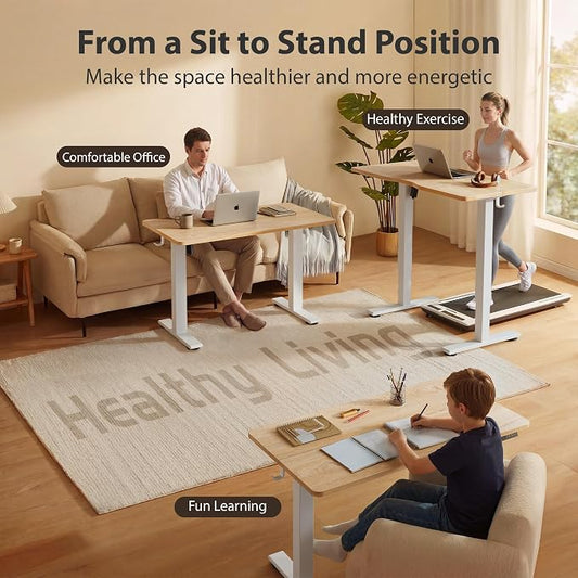 Cubiker Standing Desk, 48x24 Inches Sit Stand Home Office Desk, Electric Stand up Desk, Adjustable Desk with Splice Board, White Frame/Maple Top
