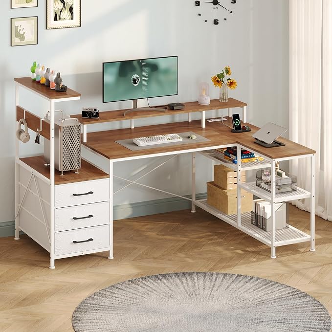 YOMILUVE L Shaped Gaming Desk with Drawers & Storage Shelves, White Gaming Desk with Power Outlets & LED Light, Reversible Computer Desk with Monitor Stand & Hooks, Brown and White