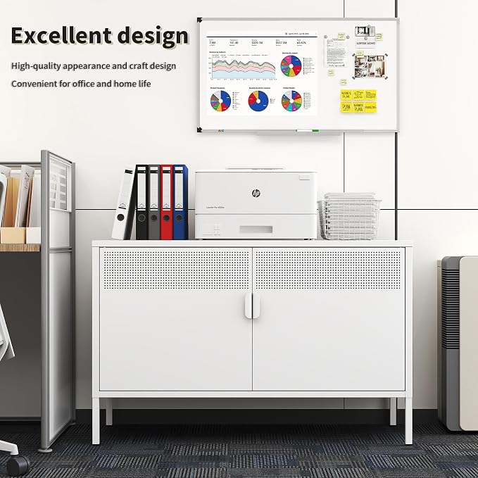 White Metal Storage Cabinet with 2 Doors - 25''H TV Stand, 2 Tier Locker with Adjustable Shelves, Multipurpose TV Cabinet for Office, Home, Living Room, Kitchen
