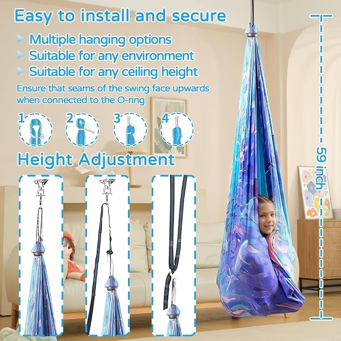 Sensory Swing for Kids Indoor & Outdoor Double Layer Therapy Cuddle Hammock Chair with 360 Swivel Hanger Kit Adjustable Swing for Child and Adult with Aspergers Autism ADHD (Cerulean)