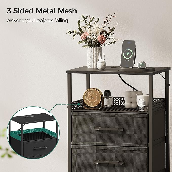 JARHETUN Night Stand Set 2 with Charging Station, 3 Drawer Nightstands with LED Lights, End Table with Outlets and USB Ports, Side Table with Open Shelf, Bedside Tables for Bedroom, Black