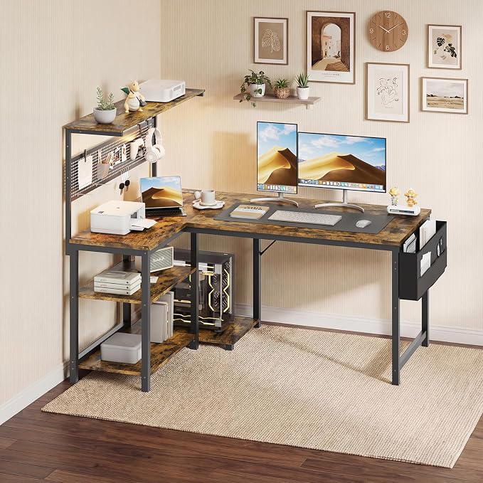 Apicizon L Shaped Desk Gaming Desk with LED Light & Power Outlet, 47 Inch Reversible Computer Desk with Pegboard & Shelf & Storage Bag for Home Office, Rustic Brown