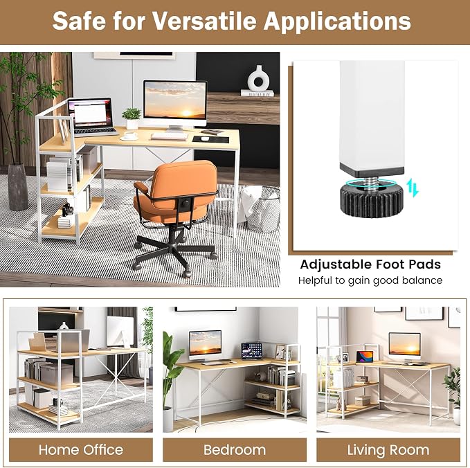 Tangkula Reversible L-Shaped Computer Desk, Space Saving Corner Desk with 3-Tier Storage Shelves & Metal Frame, Modern Executive Home Office Desk, PC Laptop Desk Workstation for Small Space (Natural)