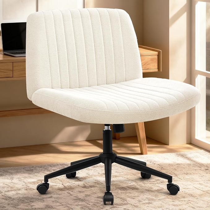 Orange Factory Criss Cross Chair Wheels Wide Cross Legged Office Desk Vanity Dual Base Comfy Fabric Armless Adjustable Swivel for Home Computer Task (Beige Dual Base, Fabric)