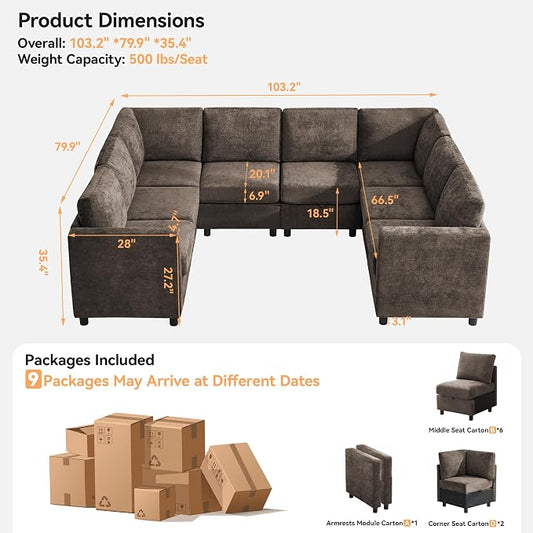 104'' U Shaped Modular Sofa, Sectional Couches with Storage for Living Room, Oversized 8 Seater Cloud Sectional Couch, Chenille Brown
