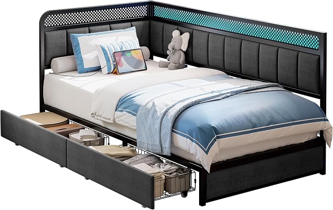LIKIMIO Twin Corner Bed Frame, Modern Daybed with Upholstered Guardrail | Under-Bed Storage Drawers, Built-in Charging Station, Adjustable Smart LED Lights, Gray