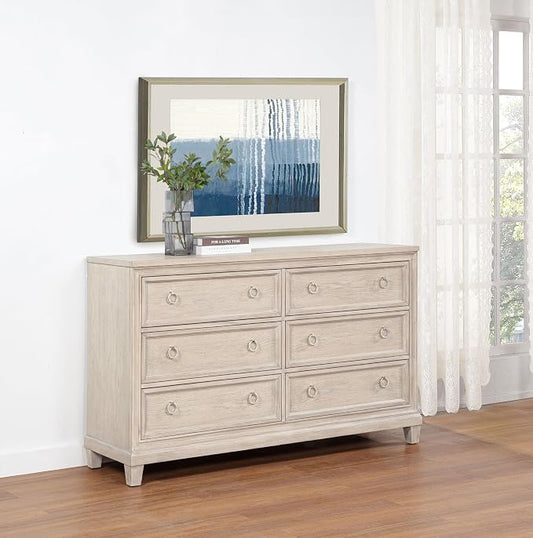 Coaster Home Furnishings - Pembroke - Wood - 6-Drawer Bedroom Dresser with Stepped Trim, Ring Pulls and Coastal Style - Bedroom - Washed Oak - 215923
