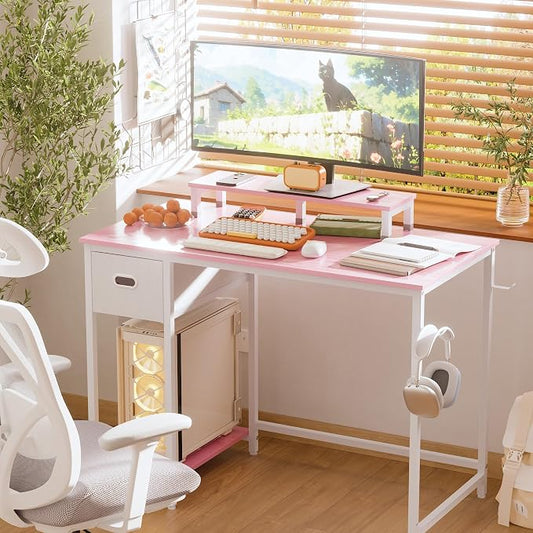 Pamray 39 Inch Computer Desk with Monitor Stand Small Home Office Desks with Non-Woven Storage Drawer for Bedroom Study Table Writing and Work Desk Pink