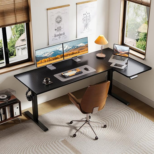 OffiGo Electric L Shaped Standing Desk, 63 Inches Height Adjustable Table, Reversible Corner Stand Up Desk, Lifting Computer Table for Home Office, Computer Workstation, Carbon Fiber Black