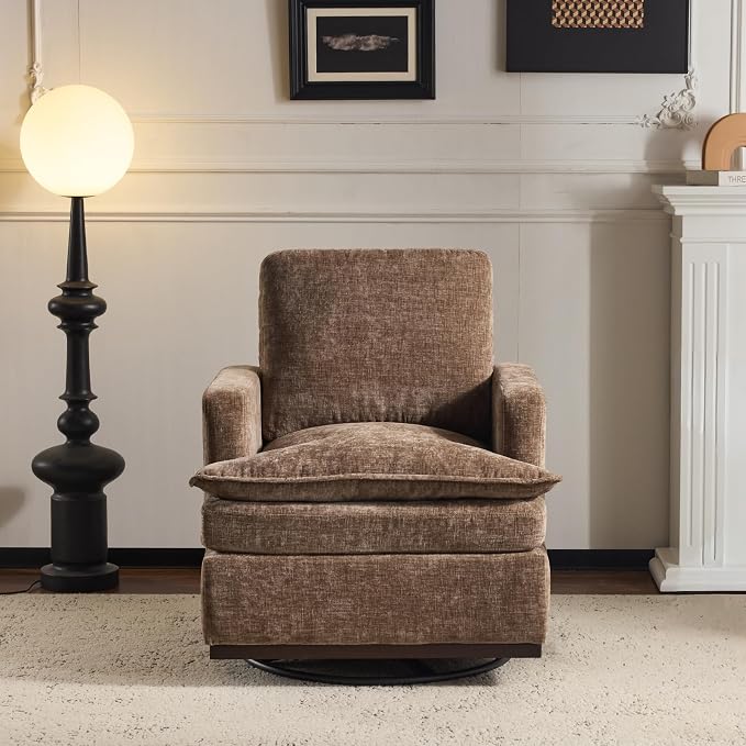 VINGLI 360° Swivel Accent Chairs Set of 2 with Double-Layer Seat Cushions, Comfy Single Square Sofa Armchairs, Upholstered Club Chairs for Living Room,Bedroom, Reading Room, Chenille Khaki