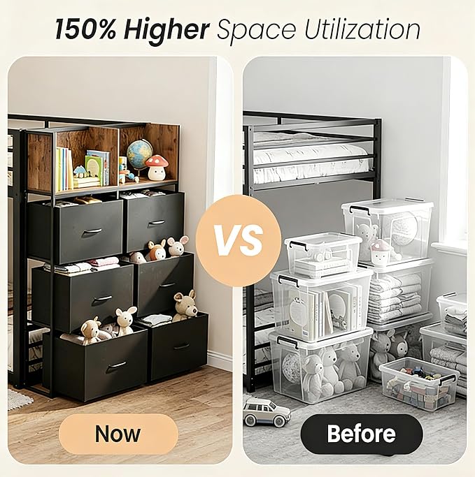 Mixcous Twin Over Twin Metal Loft Bed, Low Bunk Bed with Reversible Storage Dresser, Kids Teens Floor Bunk Bed with Drawers, Full-Length Guardrails, No Box Spring Needed, Black | 6 Drawers