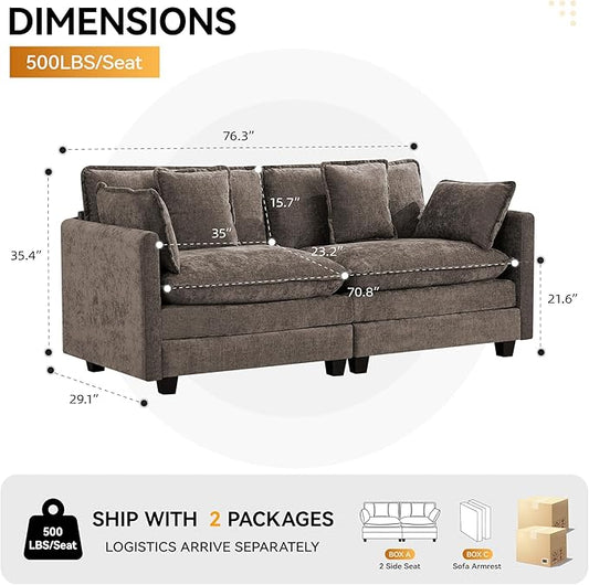 76″ Cloud Deep Seat Loveseat, Upholstered Chenille Modular 2-Seat Sectional Sofa Couch for Living Room, Modern Comfy Settee Loveseat for Small Apartment & Apartment Living, Brown