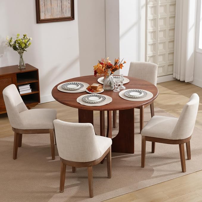 RIVOVA Upholstered Dining Chairs Set of 6, Modern Wooden Dining Room Chair Linen Fabric Kitchen Chairs Farmhouse Dinner Chair with Hardwood Frame, Beige