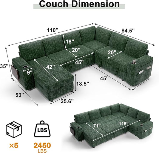 Vipbear Premium 111" Modular Sectional Sleeper Sofa, 7 Seat Sleeper Sofa with Pull Out Bed, L Shaped Couch with USB Ports|Storage Chaise|Cup Holders|Storage Armrests|Side Table, Green