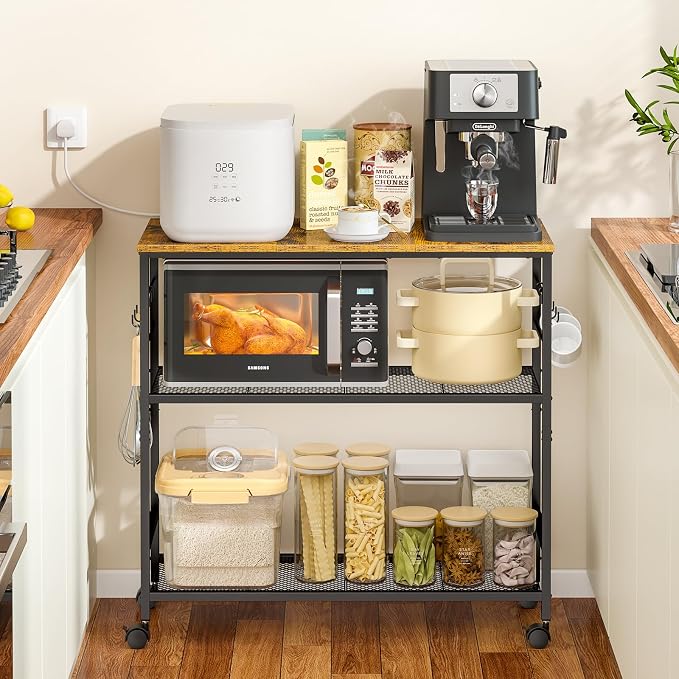 3 Tier Rolling Kitchen Microwave Cart, 33 Inch Microwave Table Stand with Adjustable Shelf, Kitchen Storage Island Utility Cart on Lockable Wheels, Bakers Rack Coffee Bar for Living Room, Office