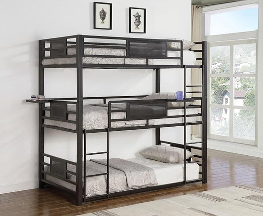 Coaster Home Furnishings Rogen Rustic Metal Twin Over Twin Over Twin Size Triple Bunk Bed Frame with Ladder and Guardrails Fully Slatted Mattress Ready Foundation Dark Bronze 460394T