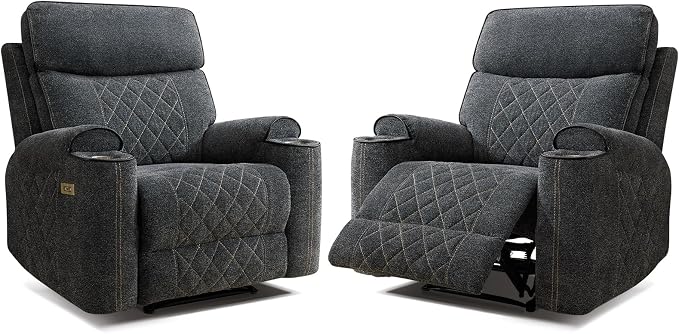 HAOMARKETS Electric Recliner Chair Set of 2, Soft Fabric Power Recliners with Metal Cup Holders, Single Overstuffed Heavy Duty Reclining Sofa Chairs for Living Room Bedroom, Dark Grey